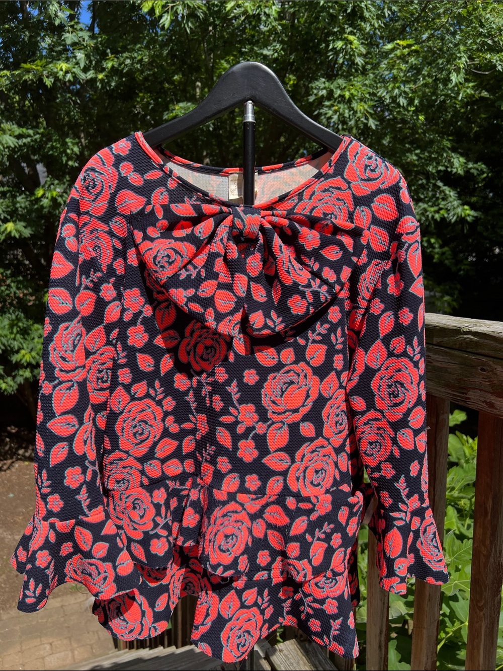 FUN Zadie B’s Neon Orange Floral Print Bow Top with Ruffle Hem